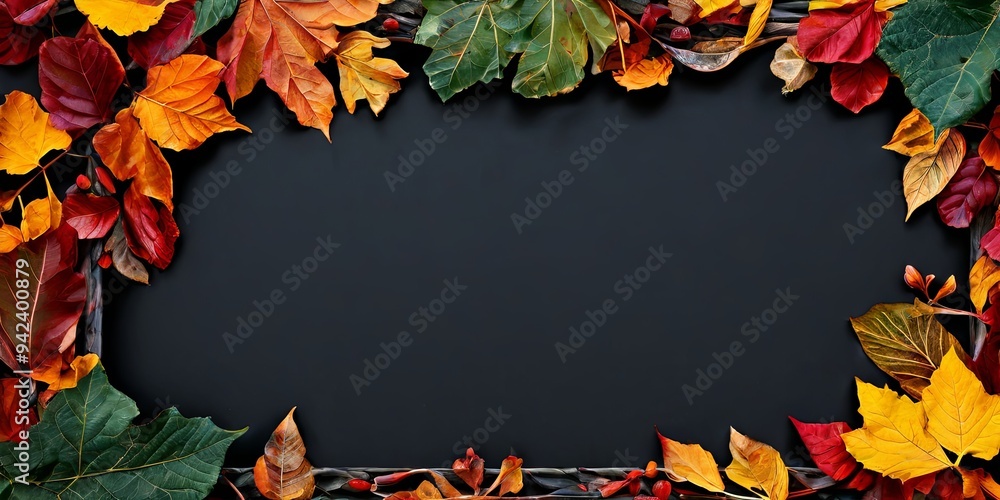 Poster a black background with a frame of autumn leaves