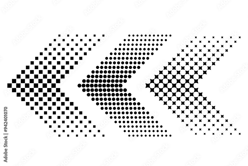 Poster abstract arrow patterns. three geometric designs. black gradient shapes. optical illusion effect.