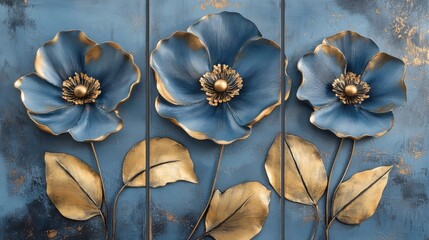 Enhance your interior beautifully with this stunning set of three modern 3D floral wall art panels, showcasing elegant blue and gold hues, perfectly designed for any contemporary living space