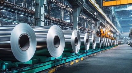 Towering stacks of massive aluminum rolls in a bustling industrial setting, showcasing the raw power and durability of this versatile metal. industry, commerce, business.Posters, wallpapers, Marketing