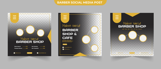 Set of modern barbershop social media post for content creator brochure and web banner template