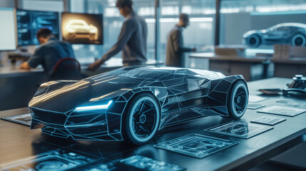 A futuristic car design studio with designers working on digital tablets and 3D models of cars.