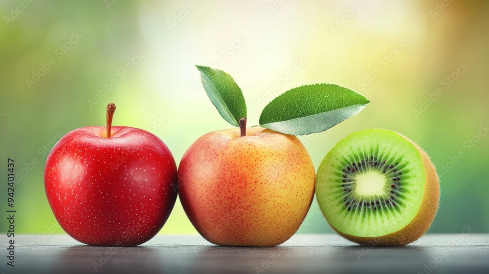 Poster three apples and a kiwi are displayed on a table