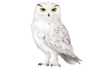Obraz premium A majestic snowy owl with striking yellow eyes, isolated on a transparent and white background, PNG