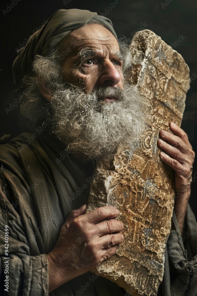 Poster a person with a long beard grasping a large slice of bread, possibly for a snack or offering