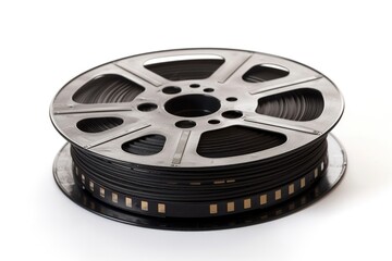 Obraz premium A vintage-style film reel sits atop a wooden table, ready for use or display
