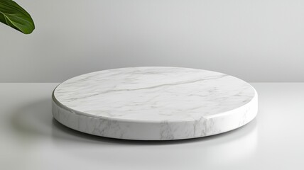 A white marble round table with a green leaf on top