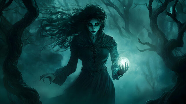 A dark, gothic illustration of a woman in a witch costume, her face pale and her eyes intense, standing in a misty, eerie forest
