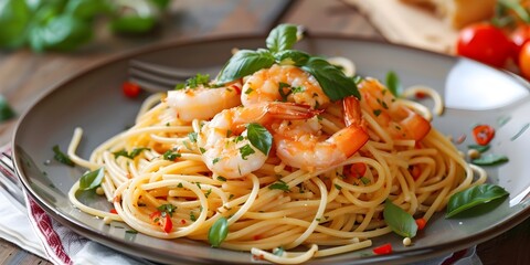 Spaghetti with shrimp, spaghetti with seafood