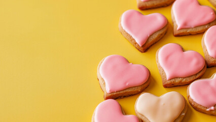 Fototapeta premium Heart-Shaped Sugar Cookies with Pink Icing on Vibrant Yellow Background