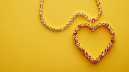 Heart-Shaped Gold and Pink Diamond Necklace on Yellow Background