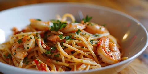 spaghetti with sauce and shrimps 