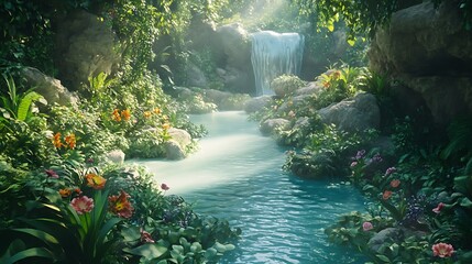 A Tranquil Waterfall and Stream Flowing Through Lush Greenery