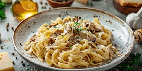 Plate of pasta with honey agarics onion and cheese