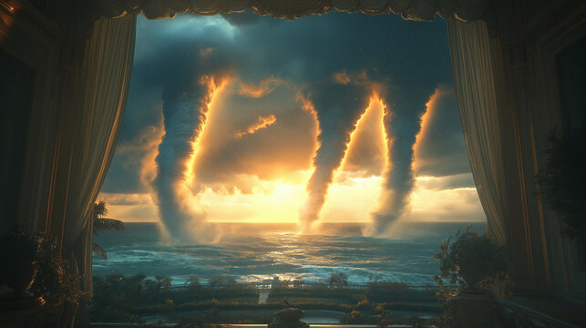 Three waterspout tornadoes formed on the surface ocean during a storm, seen from a large window of a waterfront mansion by the beach