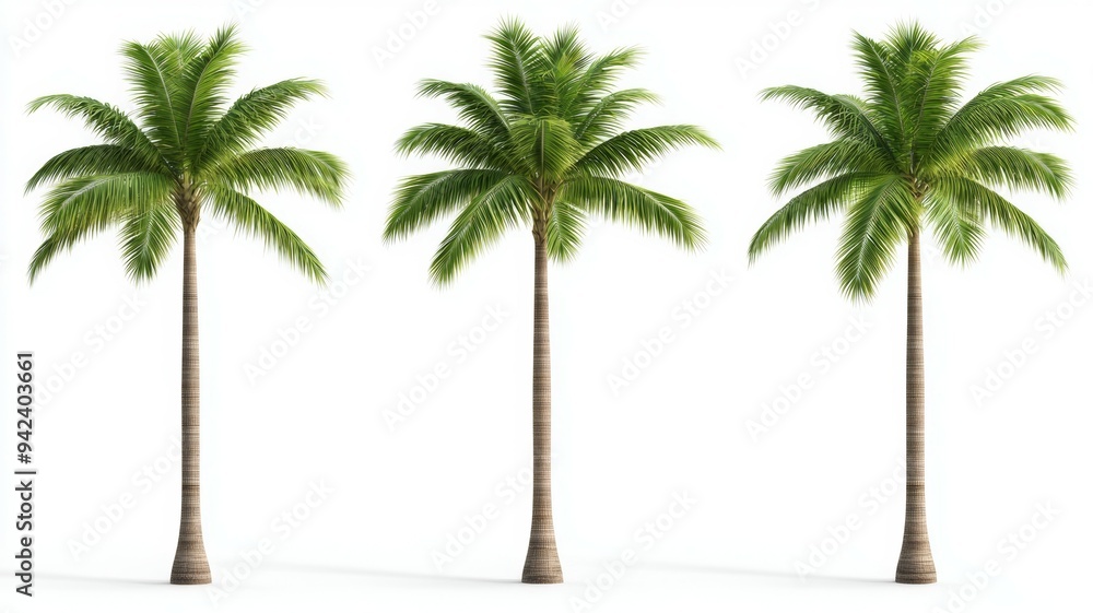 Poster three palm trees are standing in a row on a white background