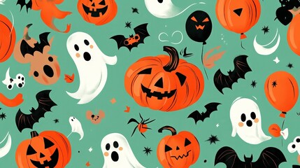 A festive Halloween-themed pattern featuring pumpkins, ghosts, bats, and balloons.