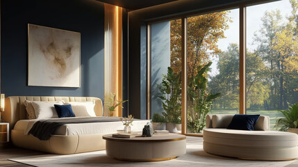 A lavish urban apartment with floor-to-ceiling windows displaying an evening cityscape, featuring luxurious furnishings and a warm, inviting atmosphere.