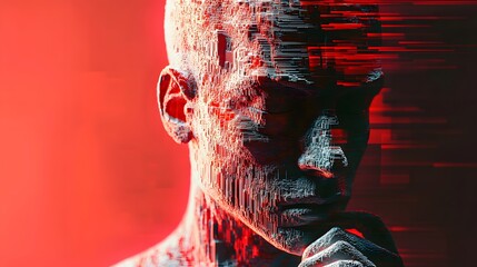 Thoughtful young Black male with an abstract digital effect in vibrant red tones.