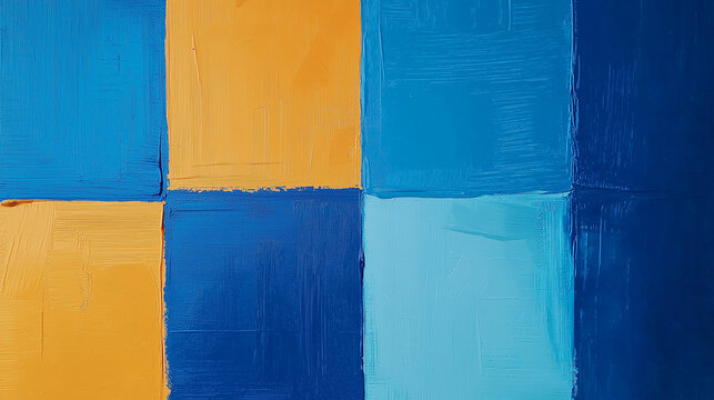 a minimalistic flat gouache painting, featuring contrasting color squares of royal blue, cerulean, and tangerine