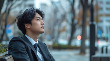 都会の公園のベンチに座って物思いにふけるスーツ姿の若いアジア人男性