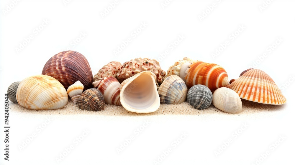 Poster a collection of seashells are displayed on a white background