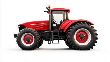 A red tractor with white tires is parked on a white background