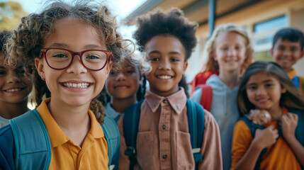 Fototapeta premium Kids with Teacher on First Day: A group of kids gathered around their teacher, ready to start the new school year with enthusiasm, with copy space