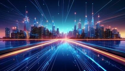 A futuristic city skyline with fiber-optic cables running across the sky, glowing softly aga