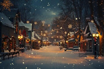 Stock photo of a snowy village street with Christmas lights and decorations