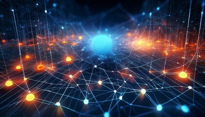 A glowing network of interconnected data points in a dark, gradient background, with one cen