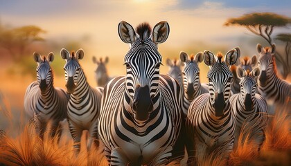 Fototapeta premium A herd of zebras in the foreground, their black and white stripes creating a striking patter