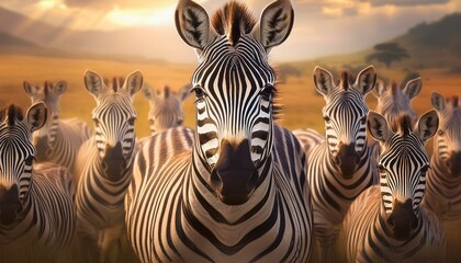 Fototapeta premium A herd of zebras in the foreground, their black and white stripes creating a striking patter