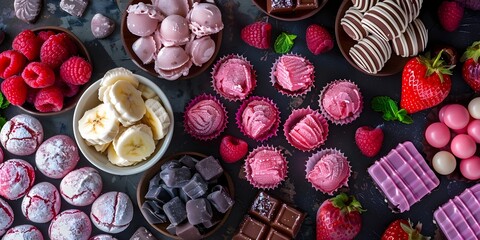 Strawberry, banana, raspberry, mint, chocolate, dark chocolate in a bowl, top view 