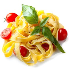 Italian linguini pasta with tomato and fresh basil on a white background. Vegetarian food. 