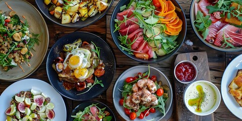 Assortment of healthy food dishes. Top view. 