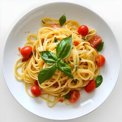 pasta with tomato sauce and basil, pasta linguine, top view