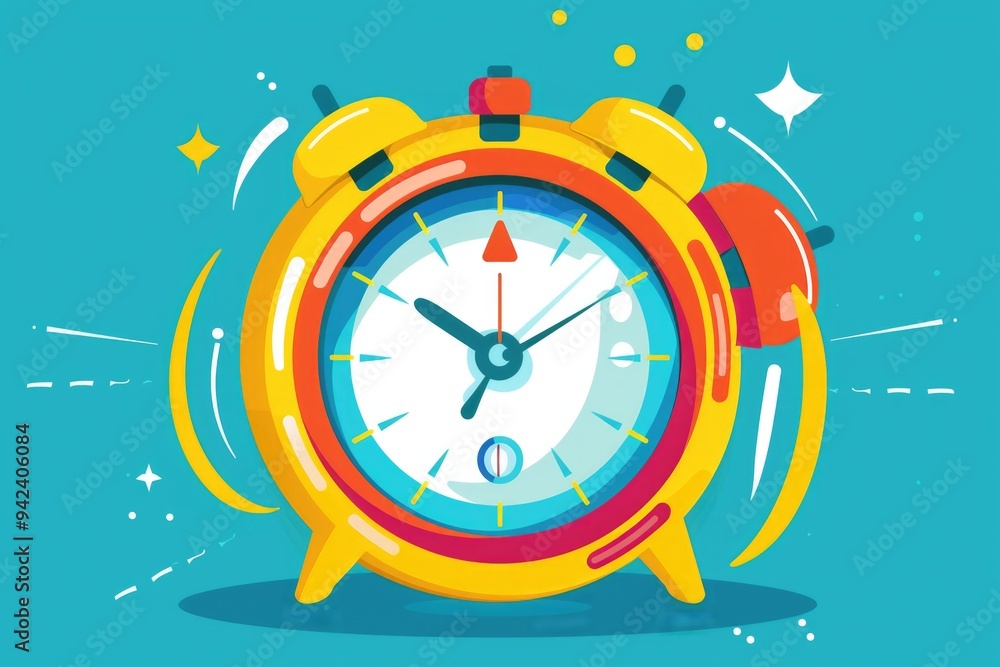 Poster a simple yellow alarm clock sitting on a blue background