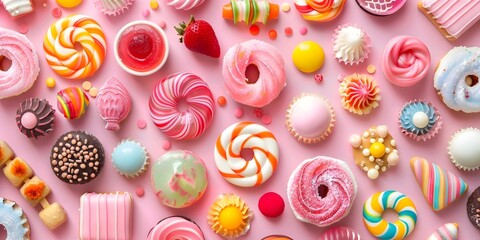 Candies and strawberry on pink background 