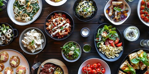 Bowl with salad and seafood, sushi, fish, vegetable, tomato 