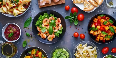 Salad tomato, vegetable, potatoes, shrimp, pasta with vegetables and cheese