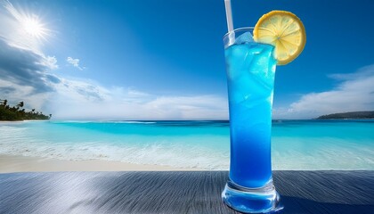 A vibrant blue lagoon cocktail served in a tall glass with a lemon slice, set against a back