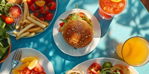 Hamburger juice, fruit and vegetables