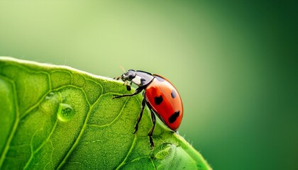 Fototapeta premium Detailed shot of a ladybug sitting on a vibrant green leaf, with the focus on its tiny legs