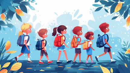 group of kids walking to school illustrated 