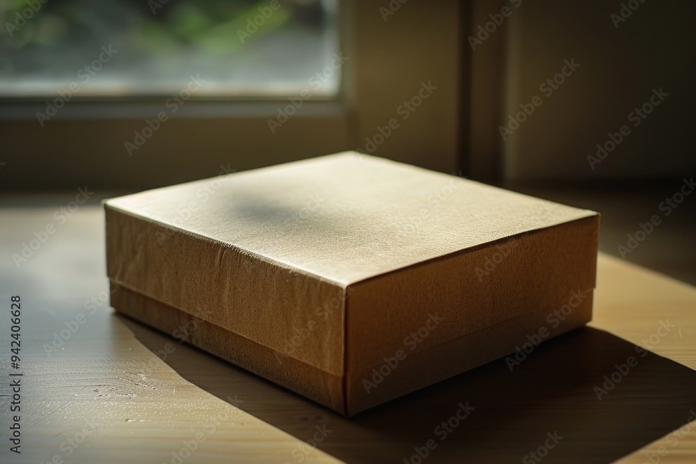 Poster a simple brown box sits atop a wooden table, providing a clean and minimal backdrop for your creativ