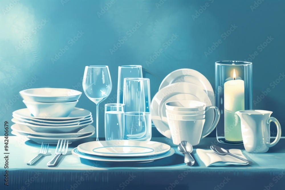 Poster a table set with plates and glasses for a meal or party
