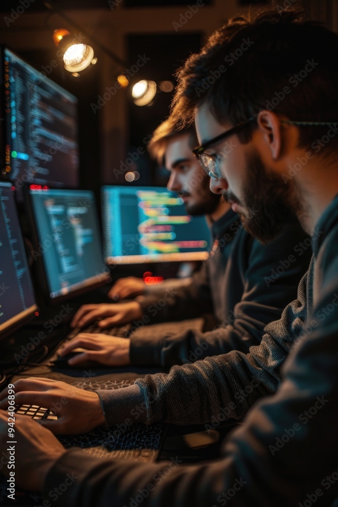 Poster two men sitting at desks with computer monitors and keyboards