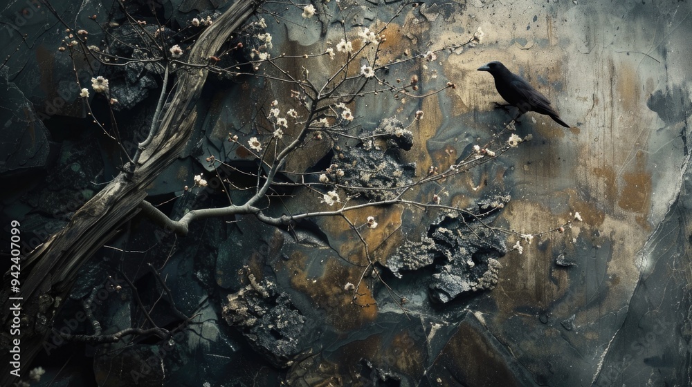Poster a black bird sits atop a tree branch, surrounded by leaves and twigs