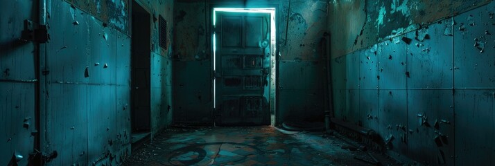 Dimly lit passage in an aged, deserted underground shelter featuring an ajar reinforced door